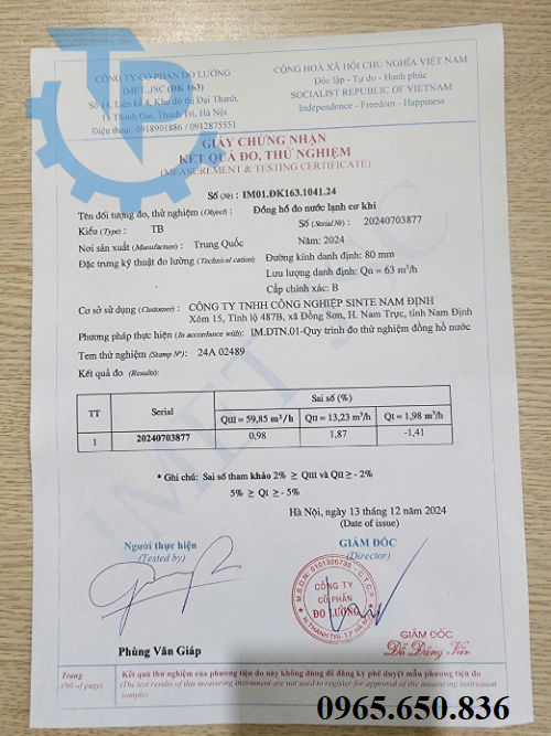 Giấy chứng nhận hiệu chuẩn và kiểm định đồng hồ