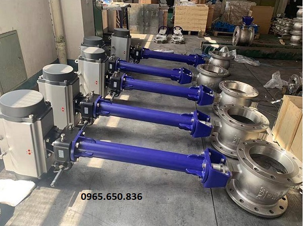 Van bướm mặt bích điều khiển khí nén trục dài