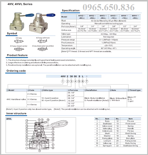 Bảng thông số Van gạt tay khí nén 4HV330-10 Airtac-10_airtac