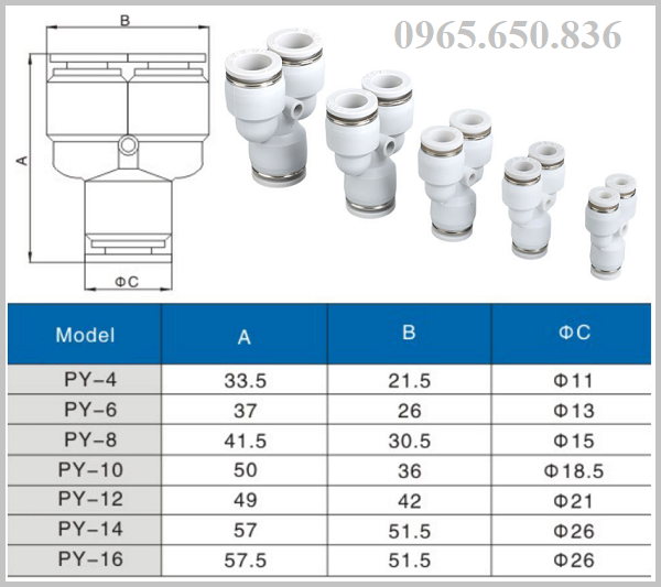 Kích thước đầu nối PY màu trắng