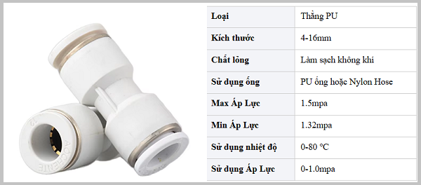 Kích thước đầu nối thẳng PU trắng