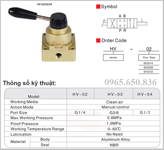 Thông số Van gạt tay khí nén HV-02