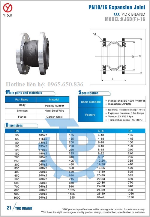 Catalog khớp nối mềm cao su mặt bích YDK